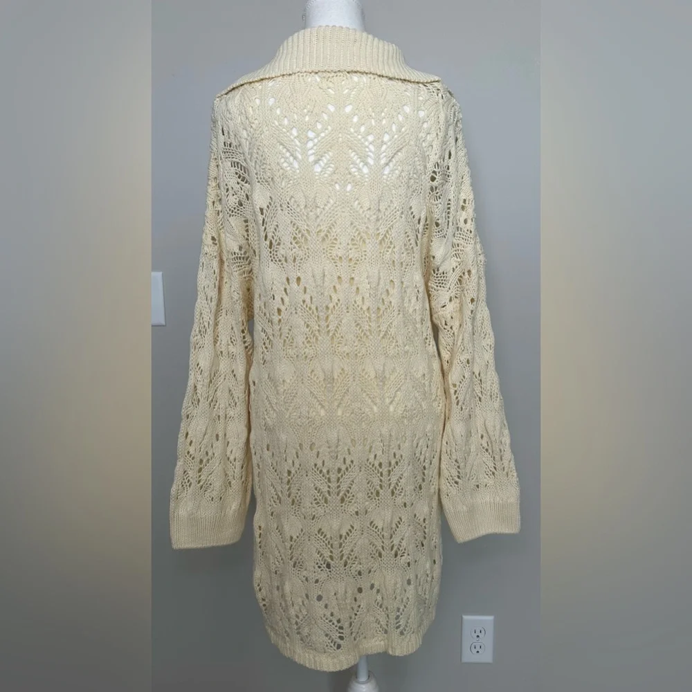 Free People Elton Sweater Dress Cream‎ Open Knit Collared Long Sleeve Boho M